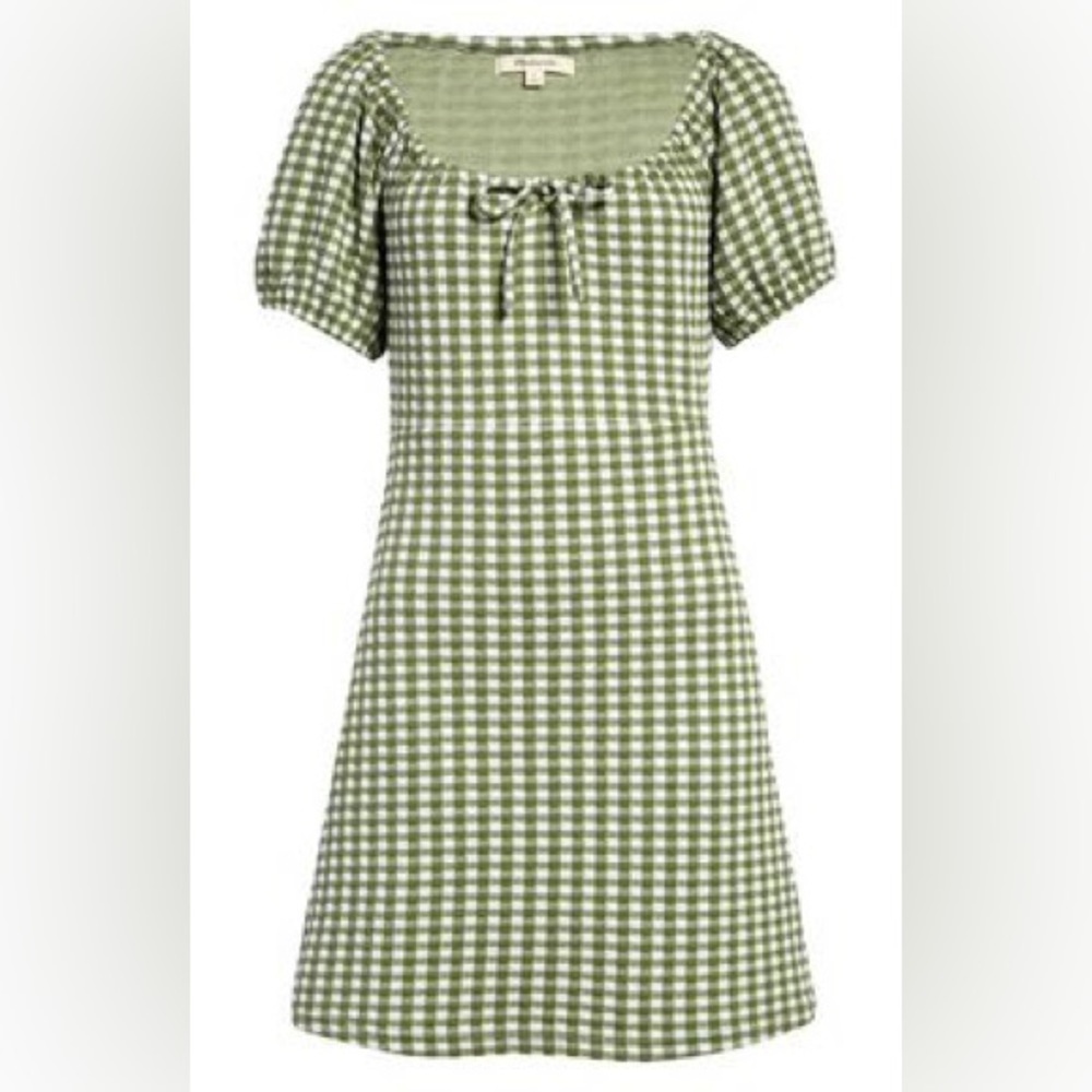 Madewell Gingham Check Jacquard Puff Sleeve Minidress in Faded Palm Large